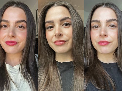 Woman wearing three different lip oils 