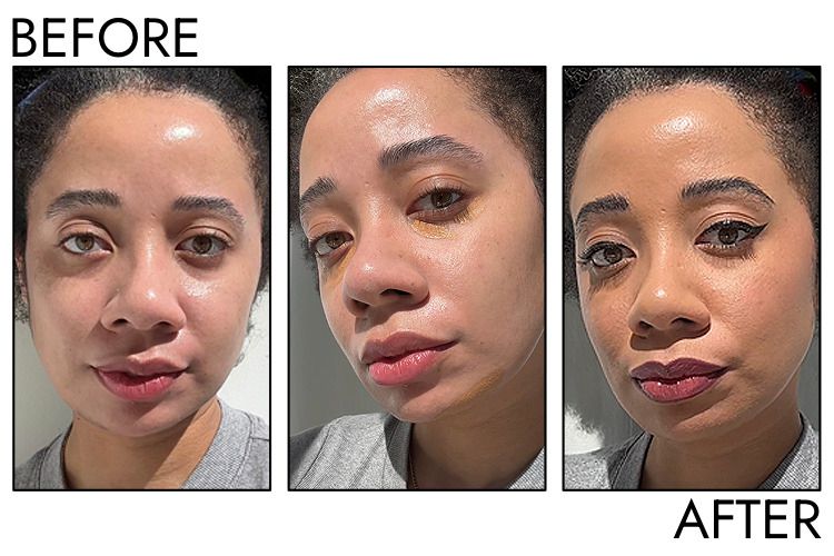 A person's face before and after applying Milani Conceal + Perfect Longwear Concealer